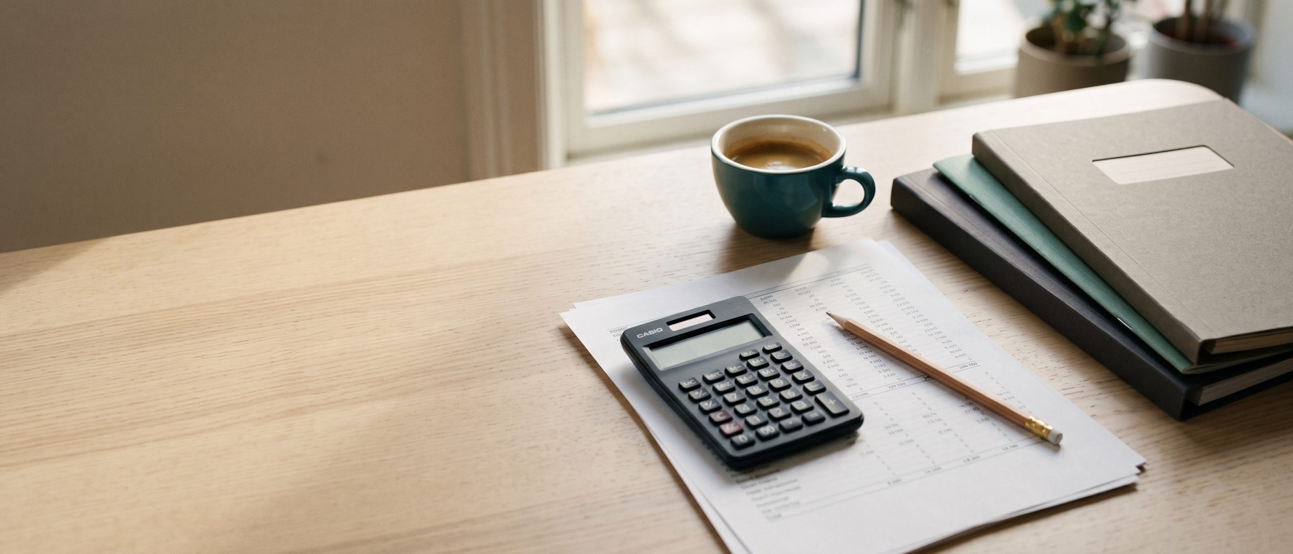 Secret&aacute;ria com folha de c&aacute;lculo, calculadora e caf&eacute; &mdash; planeamento de or&ccedil;amento de marketing